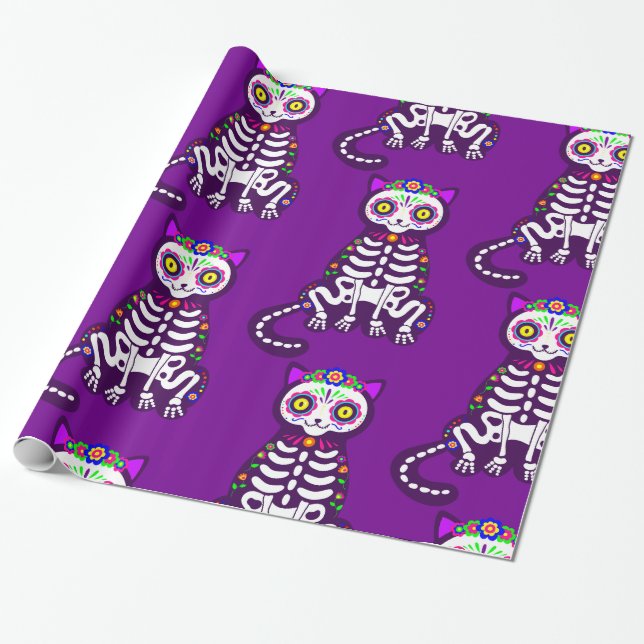 Papel De Presente esqueleto de gato-de-halloween mexicano (Desenrolado)