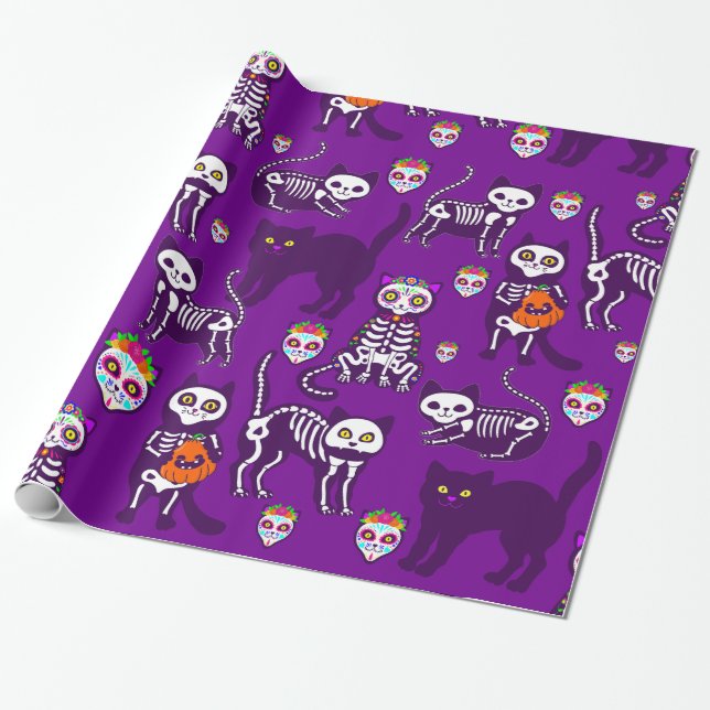 Papel De Presente esqueleto de gato de halloween roxo (Desenrolado)