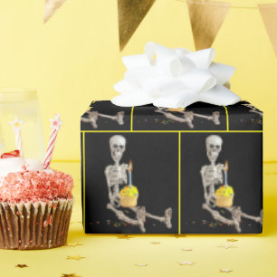 Papel De Presente Esqueleto De Halloween Com Bolo De Aniversário
