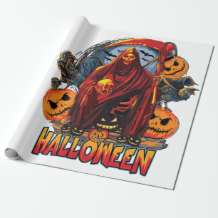 Papel De Presente Esqueleto de Mau de Halloween, Abóbora