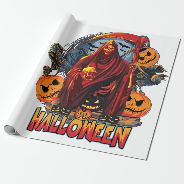 Papel De Presente Esqueleto de Mau de Halloween, Abóbora (Desenrolado)