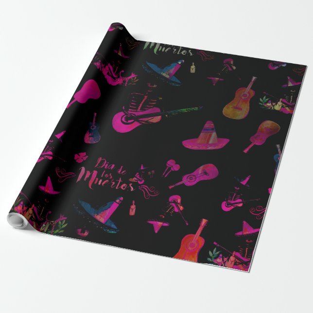 Papel De Presente Esqueleto Festivo Mariachi - Día de los Muertos (Desenrolado)