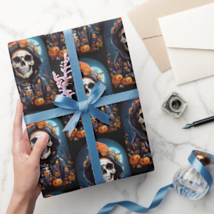 Papel De Presente Esqueleto Sorridente e Sinistro Tema de Terror