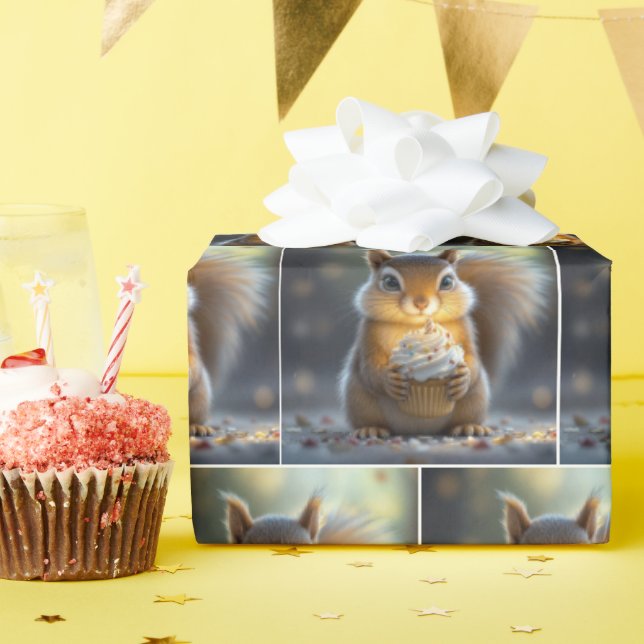 Papel De Presente Esquilo de aniversário bonito com Cupcake (Festa de aniversário)