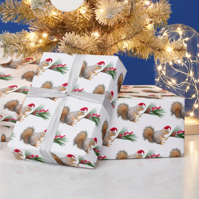 Papel De Presente Esquilo de Natal com Presente de Sempre-Verde (Feriados)