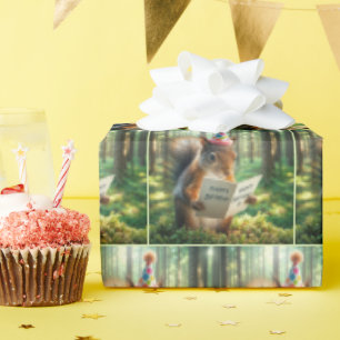 Papel De Presente Esquilo Lendo um Cartão de Aniversário