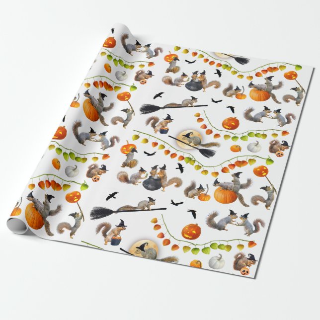 Papel De Presente Esquilos de bruxas do Halloween (Desenrolado)