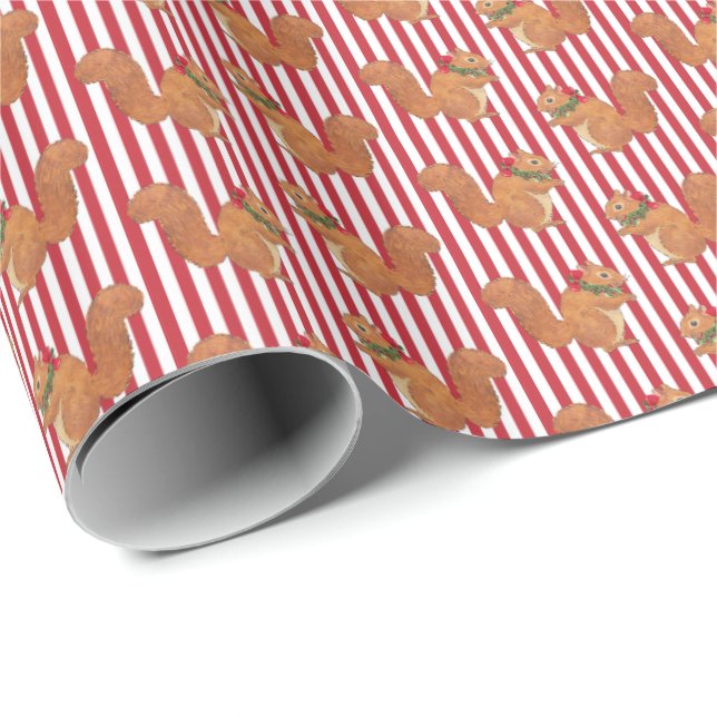 Papel De Presente Esquilos e Listras de Azevinho Feriado  (Ponta do rolo)
