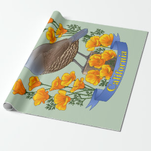 Papel De Presente Estado da Califórnia - Pássaro Quail & Ouro Poppy