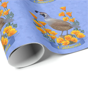 Papel De Presente Estado da Califórnia - Pássaro Quail & Ouro Poppy