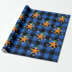 Papel De Presente Estaleiro do Natal Kawaii no padrão azul de búfalo