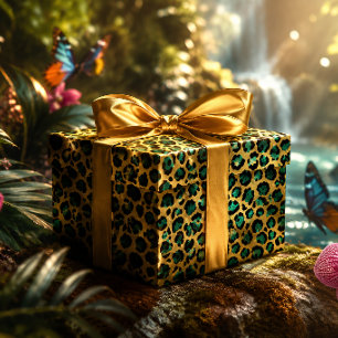 Papel De Presente Estampa de leopardo dourado e azul Glam