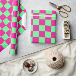 Papel De Presente Estampa Xadrez Rosa e Verde