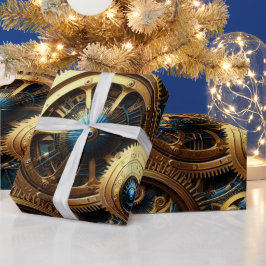 Papel De Presente Estampunk Clockwork Dourado e Teal