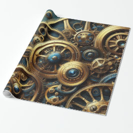 Papel De Presente Estampunk Clockwork Dourado e Teal