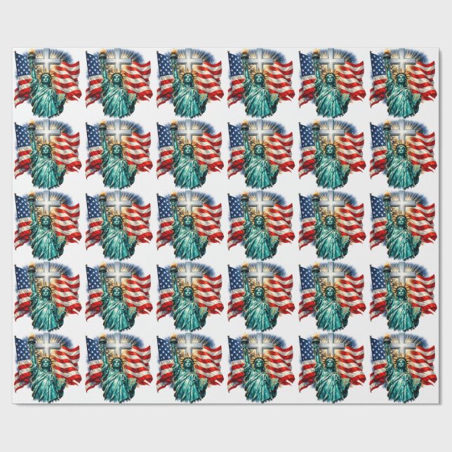 Papel De Presente Estátua da Liberdade com Bandeiras e Cruz (Aberto)