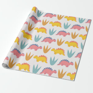 Papel De Presente Estegossauro Colorido e Plantas