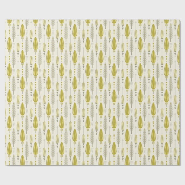 Papel De Presente estilo boho retrô étnico padrão de penas amarelas (Aberto)