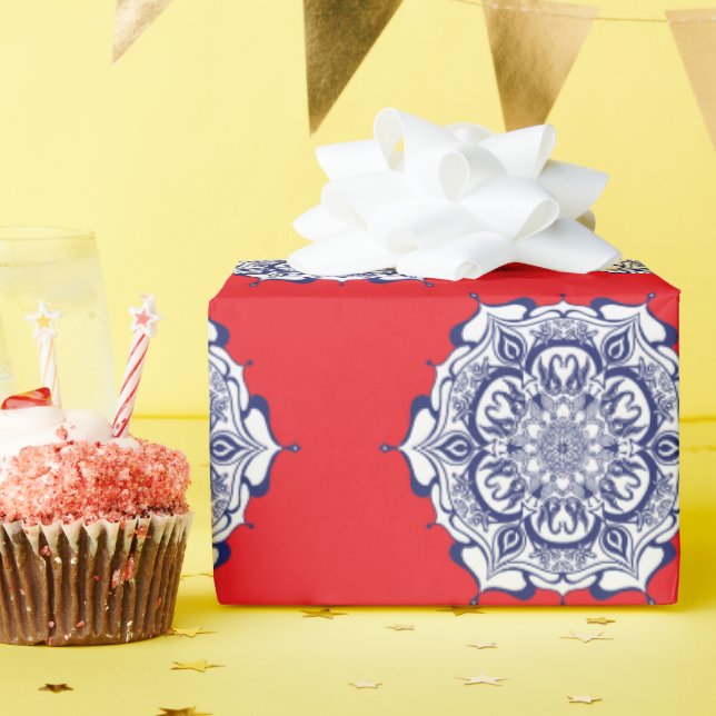 Papel De Presente Estilo da China Azul com criaturas (Festa de aniversário)