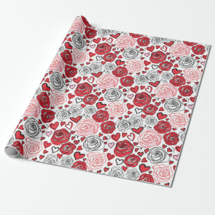 Papel De Presente Estilo de Arte Doodle Rosas Vermelhas Rosadas Cora