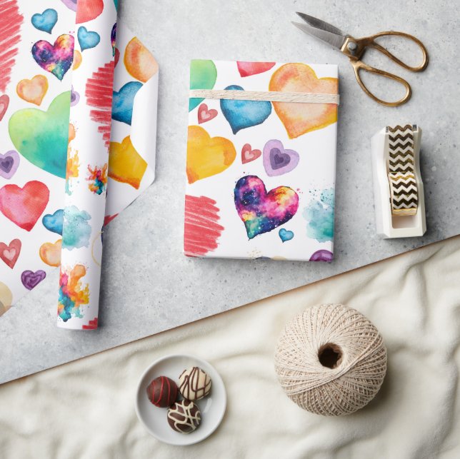 Papel De Presente Estilo de Corações de Aquarela (Artesanato)