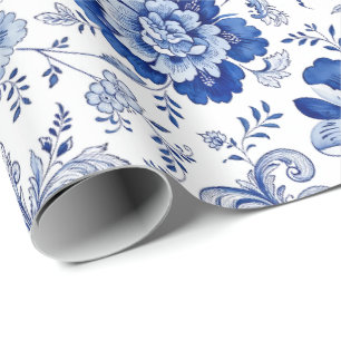 Papel De Presente Estilo Delft Azul Branco Flores Fantasia Caprichos