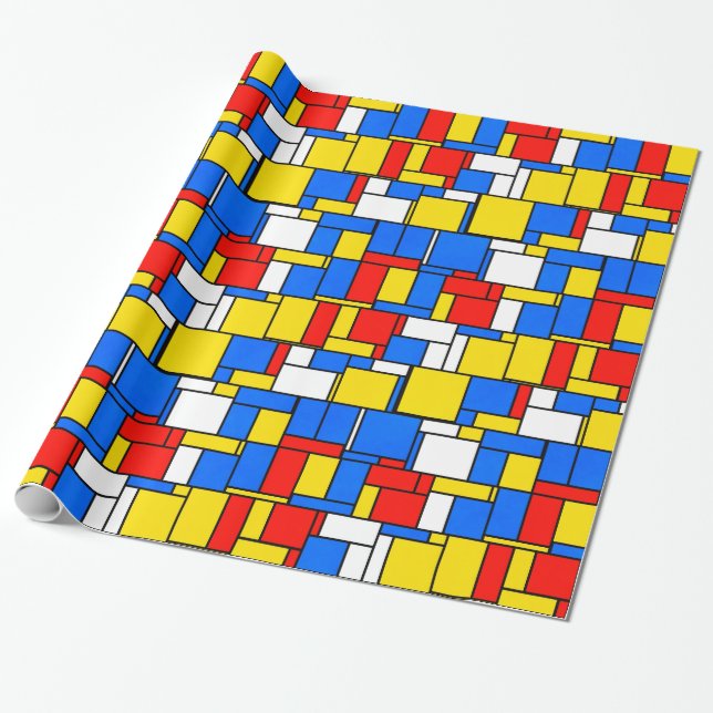 Papel De Presente Estilo Inspirado Mondrian Padrão Amarelo Vermelho  (Desenrolado)