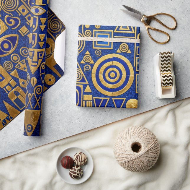 Papel De Presente Estilo Klimt Azul+Ouro Renascimento Egípcio (Artesanato)