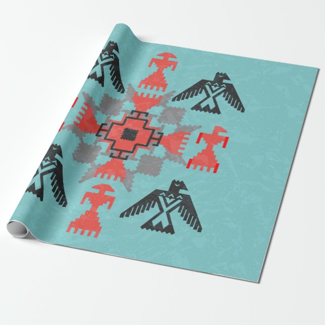 Papel De Presente Estilo Navajo, ornamento étnico com aves e abstra (Desenrolado)