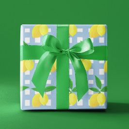 Papel De Presente Estilo Retro Elegante Limões Amarelos Xadrez Azul