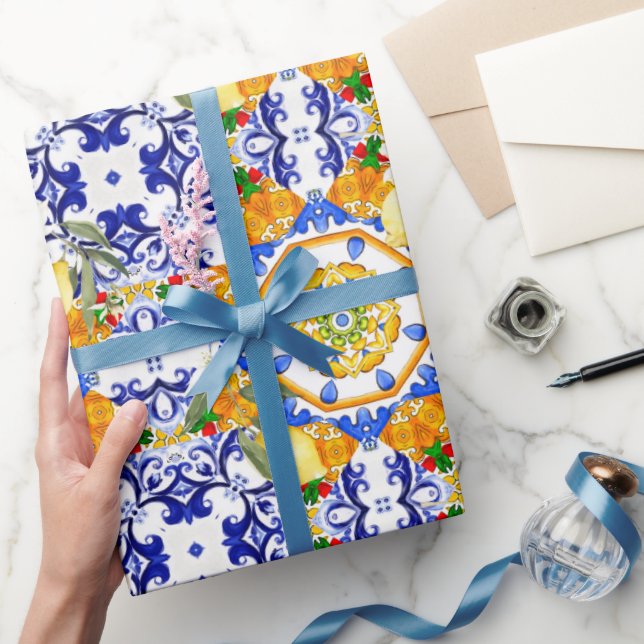 Papel De Presente Estilo siciliano,limões,majolica (Presentear)