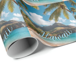 Papel De Presente Estilo Vintage Havaiano Palmeiras Mar Azul Céu Via