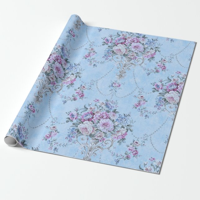 Papel De Presente Estilo Vitoriano Branco Azul Francês Decoupage Flo (Desenrolado)