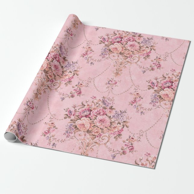 Papel De Presente Estilo Vitoriano Rosa Francês - Dissociação Floral (Desenrolado)