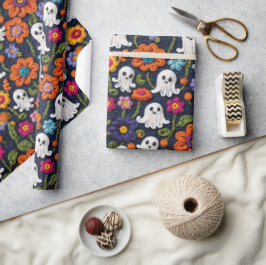 Papel De Presente Estilos de Crochet Halloween Fantasmas e Flores