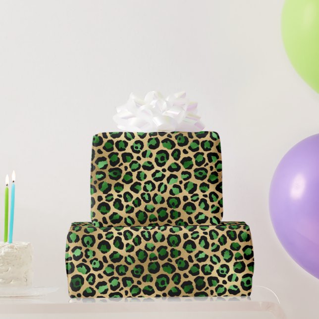 Papel De Presente Estiloso Verde & Dourado Folha Manchas de Leopardo (Presentes para festas)