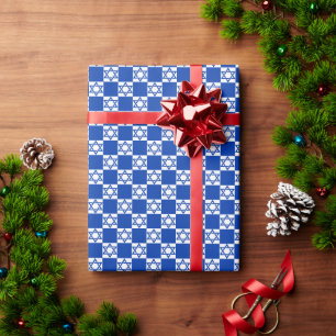 Papel De Presente Estrela Azul de Davi em Xadrez Azul/Branco