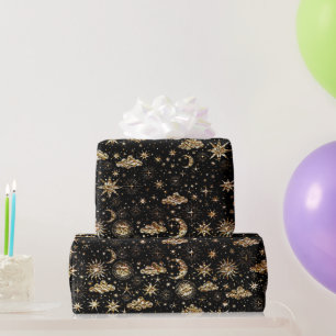 Papel De Presente Estrela Caprichosa Lua Planetas Dourado Sobre Pret