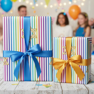 Papel De Presente Estrela Colorida de Davi Arco-íris Listras Finas