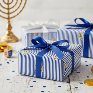 Papel De Presente Estrela de Davi Dourada Judaica Azul Escuro Listra
