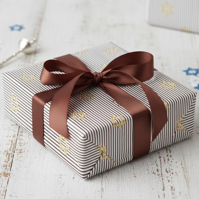 Papel De Presente Estrela de Davi Dourada Judaica Marrom Escuro Mode (Modern Elegant Dark Brown Stripes Jewish Wrapping Paper for Him for Bar Mitzvah, Mazel Tov, Hanukkah)