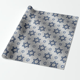 Papel De Presente Estrela de Davi Hanukkah Azul Prateado Olhar Metál