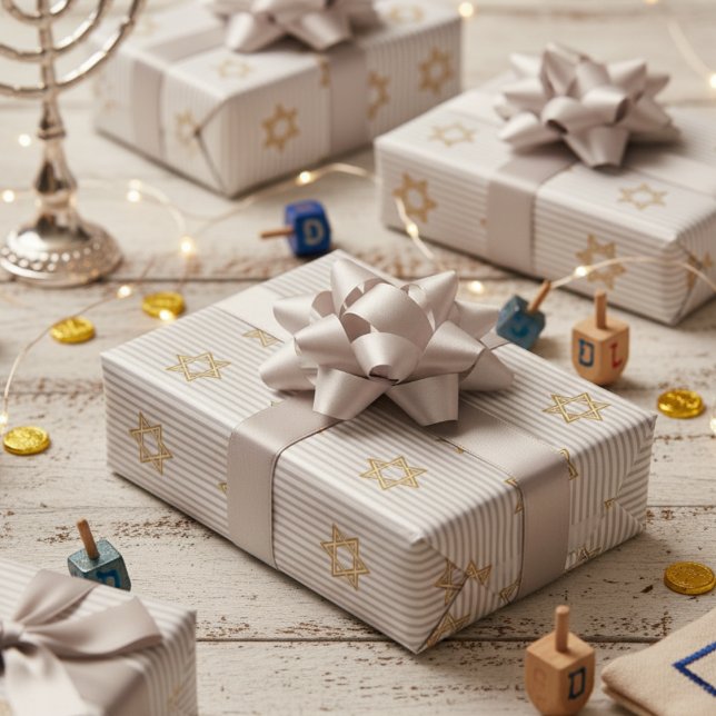 Papel De Presente Estrela de Davi Judaica Prateada Clara Listrada (Chic Jewish Star of David Striped Light Silver & White Pattern for Hanukkah, Bar Mitzvah, Mazel Tov)