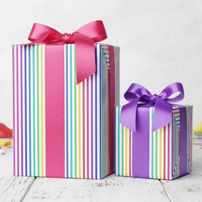 Papel De Presente Estrela de David Elegante Listras de Arco-íris  (Bright Colors Rainbow Striped Pattern Gift Wrap for Her. Simple & Fun Thin Multicolor Lines for Girl)