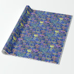 Papel De Presente Estrela de David Hanukkah, Dourada Menorah Azul-Ch<br><div class="desc">Este papel de embrulho apresenta um padrão chico de ouro,  menorah verde e roxo e estrela dourada de David sobre fundo azul. Projetado pelo renomado artista Tim Coffey.</div>