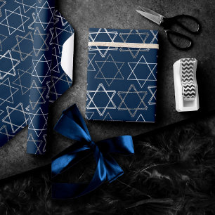 Papel De Presente Estrela de David Pattern Azul Marinho e Prata