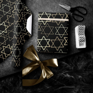 Papel De Presente Estrela de David Pattern   Moderno Dourado a preto