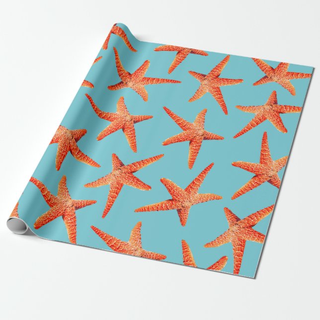 Papel De Presente Estrela do mar alaranjada vermelha litoral náutica (Desenrolado)