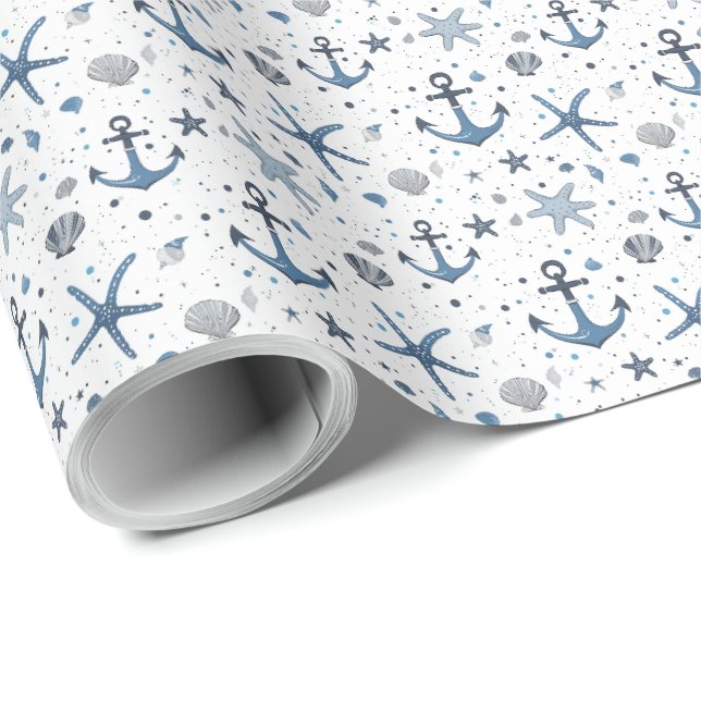Papel De Presente Estrela-do-mar Âncora Náutica Azul e Branco  (Ponta do rolo)