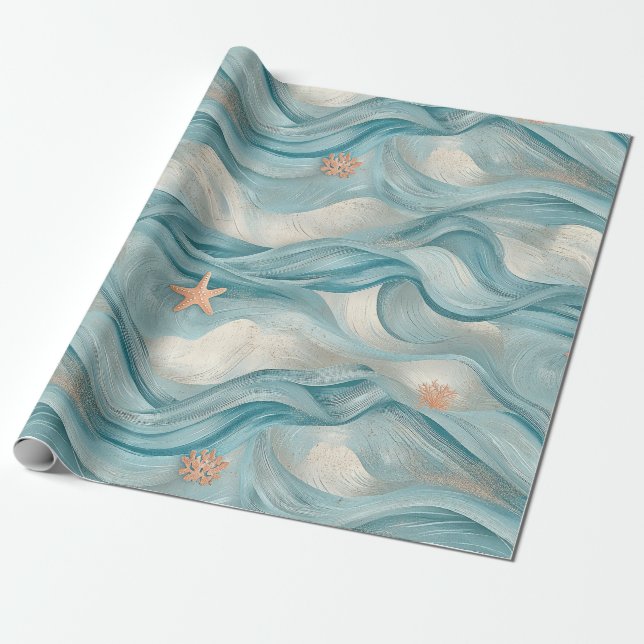 Papel De Presente Estrela-do-mar Costeira em Padrão de Ondas de Arei (Desenrolado)